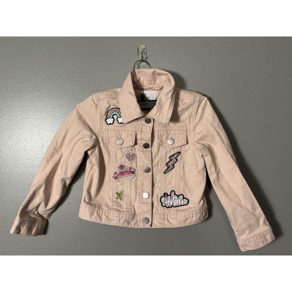Childrens Place Girls Jean Jacket‎ Pink Girls Rule Patches 4T